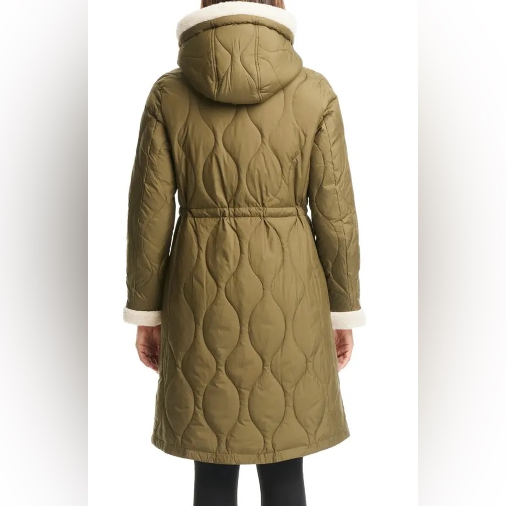 NWT KATE SPADE FAUX SHEARLING TRIM DOWN AND FEATHER FILL LONG COAT OLIVE SIZE XL - Picture 3 of 16